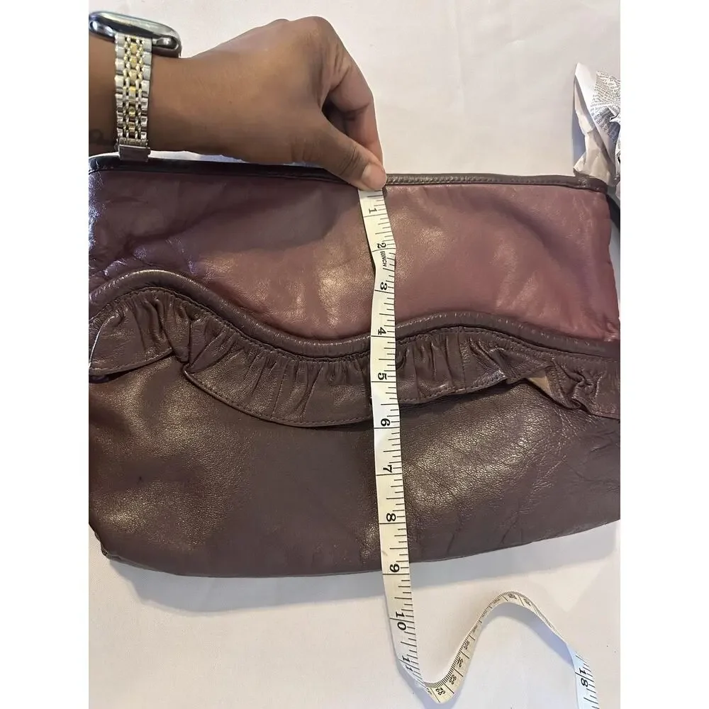 VTG Clutch Bag Womens Large Purple Leather Ruffle Zip Wristlet Clutch Purse